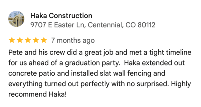 Five-star Google review for Haka Decks from a Colorado homeowner