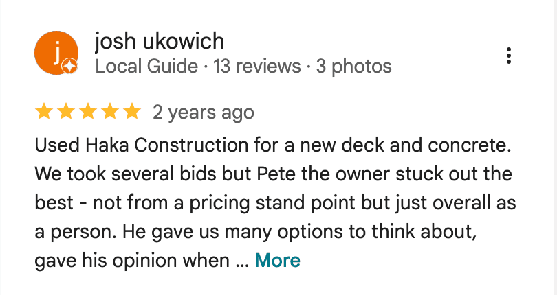 Five-star Google review for Haka Decks from a Colorado homeowner