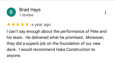 Five-star Google review for Haka Decks from Brad, a Colorado homeowner