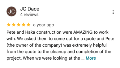 Five-star Google review for Haka Decks from JC, a Colorado homeowner