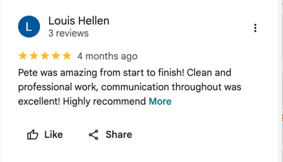 Five-star Google review for Haka Decks from Louis, a Colorado homeowner