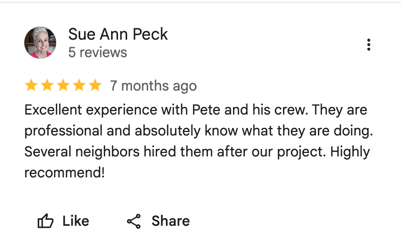 Five-star Google review for Haka Decks from Sue, a Colorado homeowner